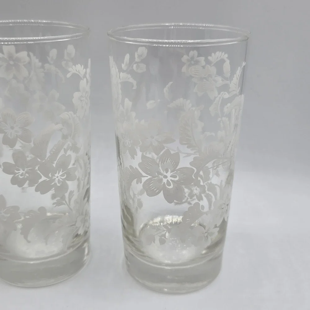 Lot‎ Of 3 Libby White Flower Design Drinking Glasses Tumbler Set